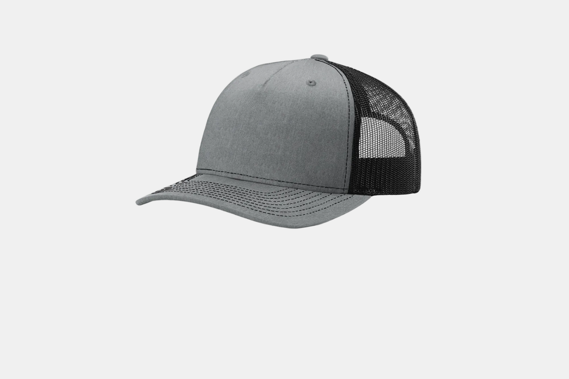 Custom Richardson 112FP five-panel trucker hat in Heather Gray/Black, detail view