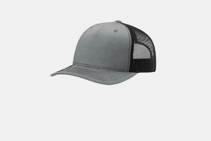 Custom Richardson 112FP five-panel trucker hat in Heather Gray/Black, detail view