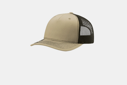 Custom Richardson 112FP five-panel trucker hat in Khaki/Coffee, detail view