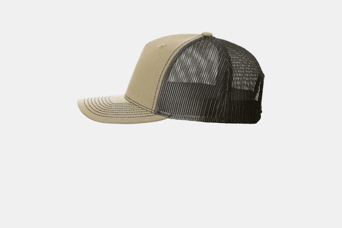Custom Richardson 112FP five-panel trucker hat in Khaki/Coffee, left-side view