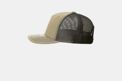 Custom Richardson 112FP five-panel trucker hat in Khaki/Coffee, left-side view