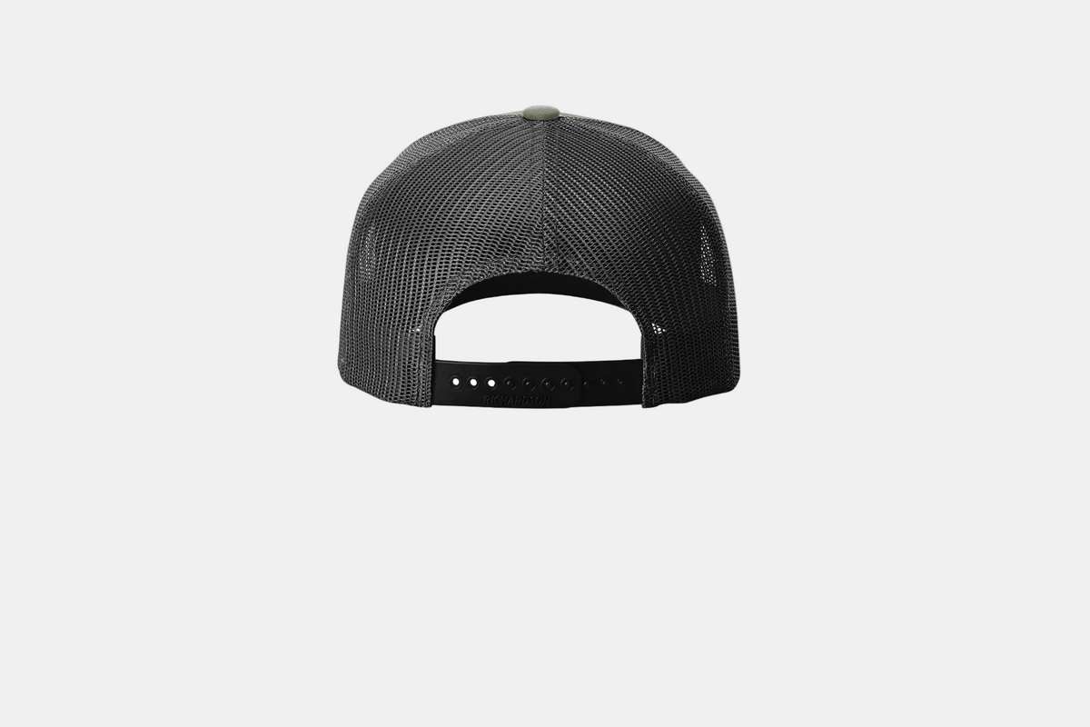 Custom Richardson 112FP five-panel trucker hat in Loden/Black, back view