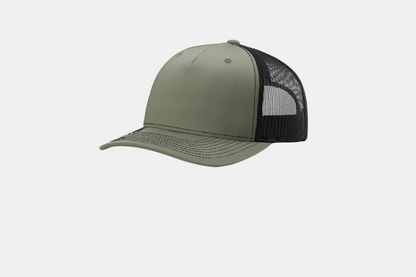Custom Richardson 112FP five-panel trucker hat in Loden/Black, detail view