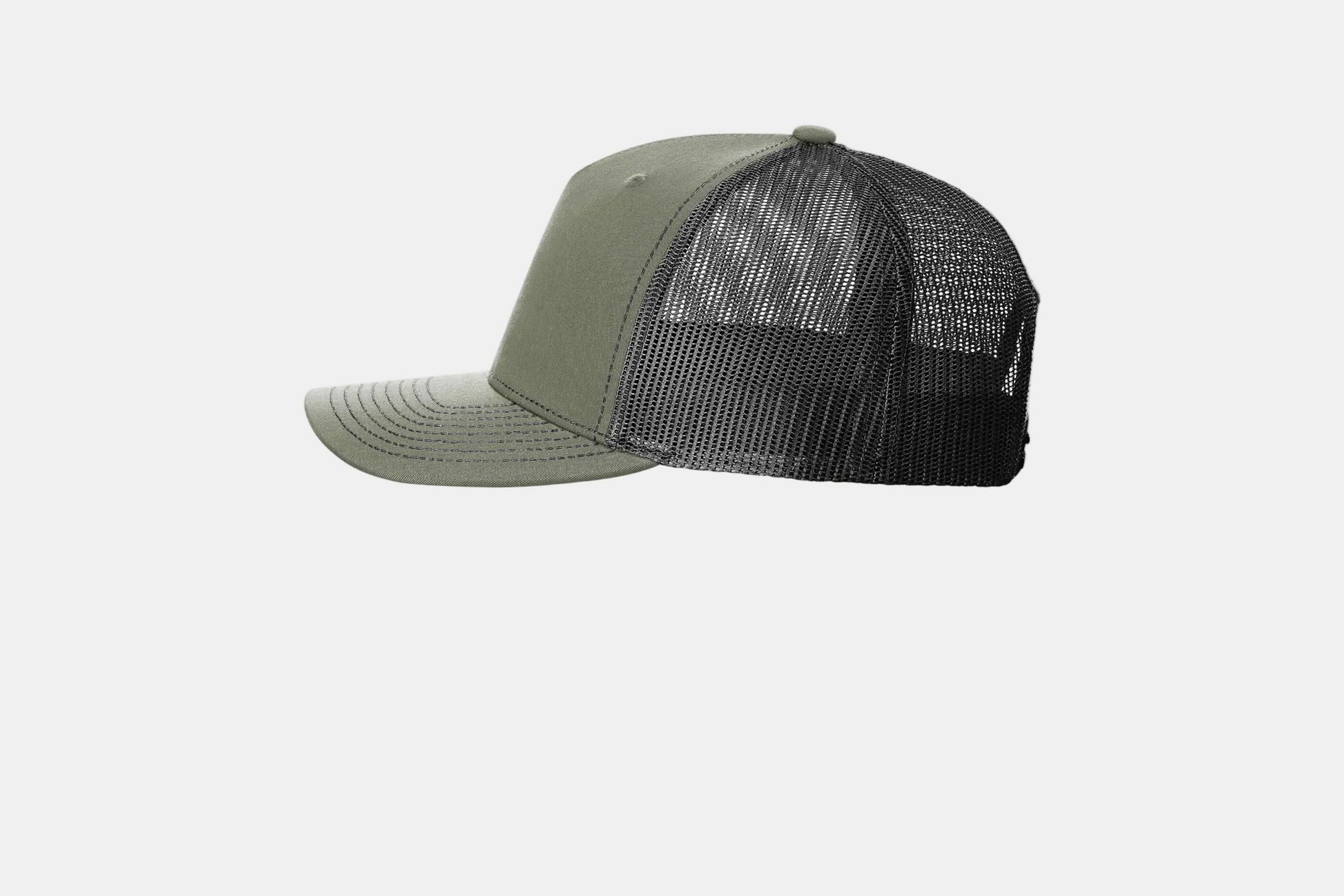 Custom Richardson 112FP five-panel trucker hat in Loden/Black, left-side view