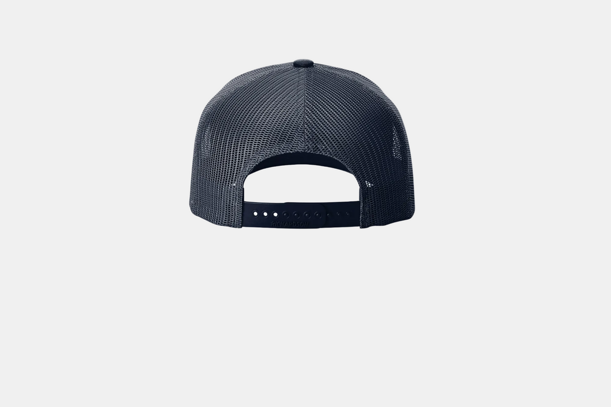Custom Richardson 112FP five-panel trucker hat in Navy, back view