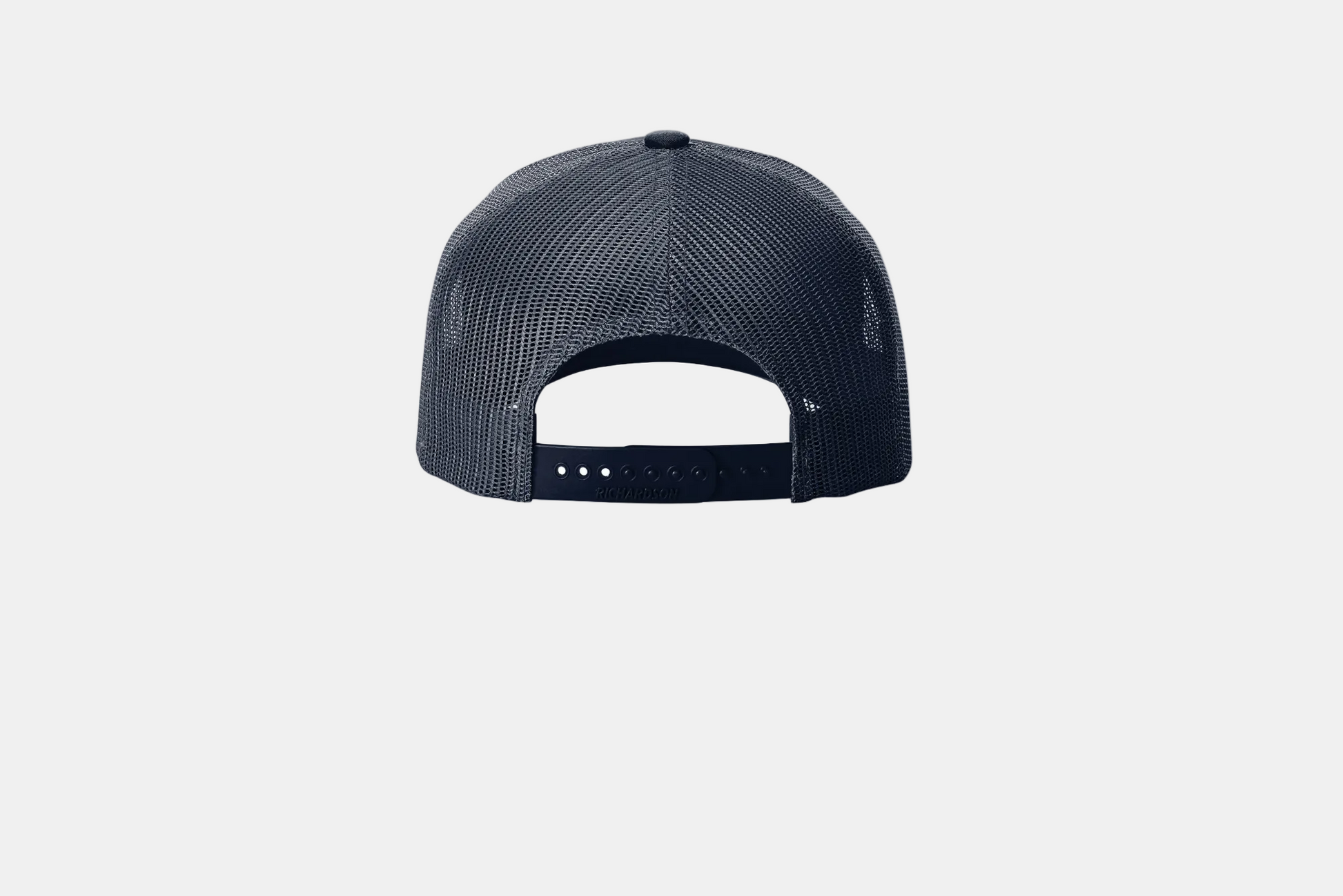Custom Richardson 112FP five-panel trucker hat in Navy, back view