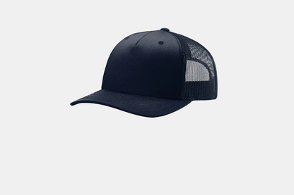 Custom Richardson 112FP five-panel trucker hat in Navy, detail view