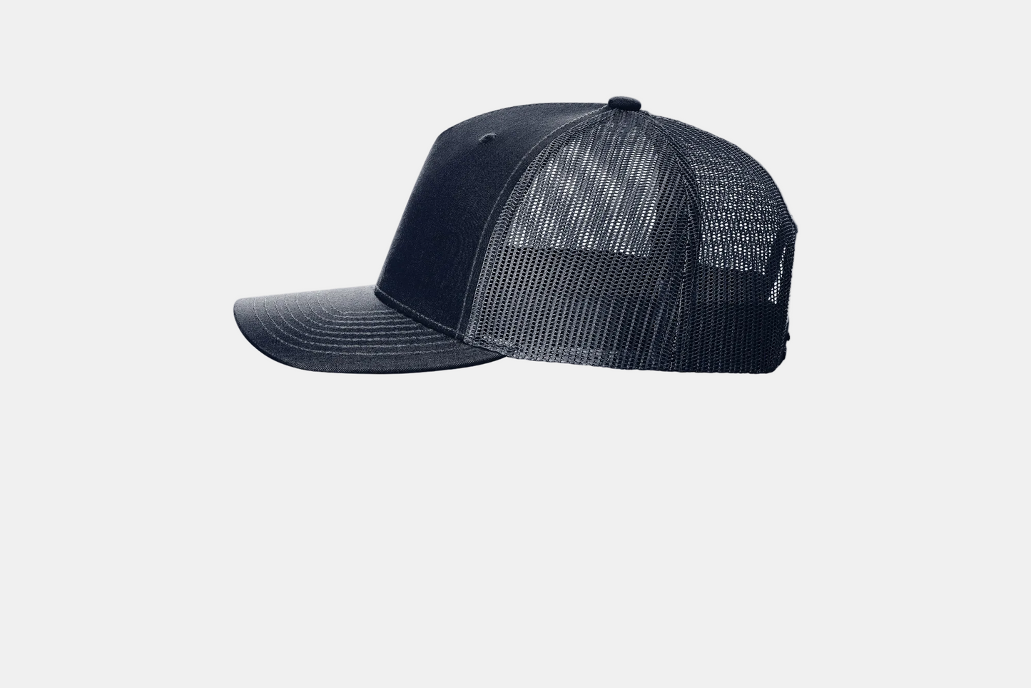 Custom Richardson 112FP five-panel trucker hat in Navy, left-side view