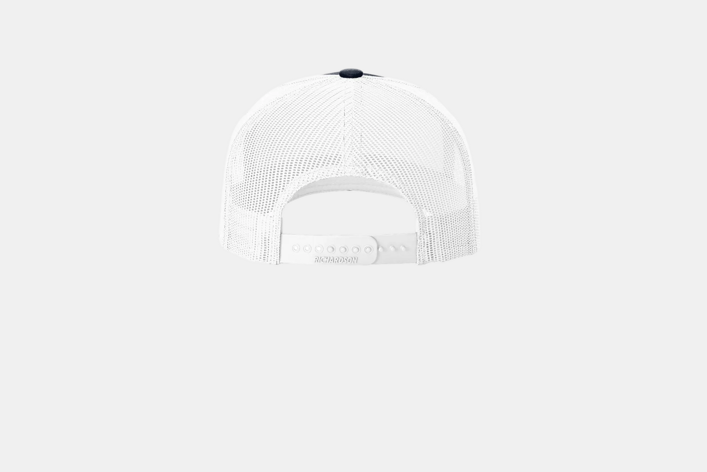 Custom Richardson 112FP five-panel trucker hat in Navy/White, back view