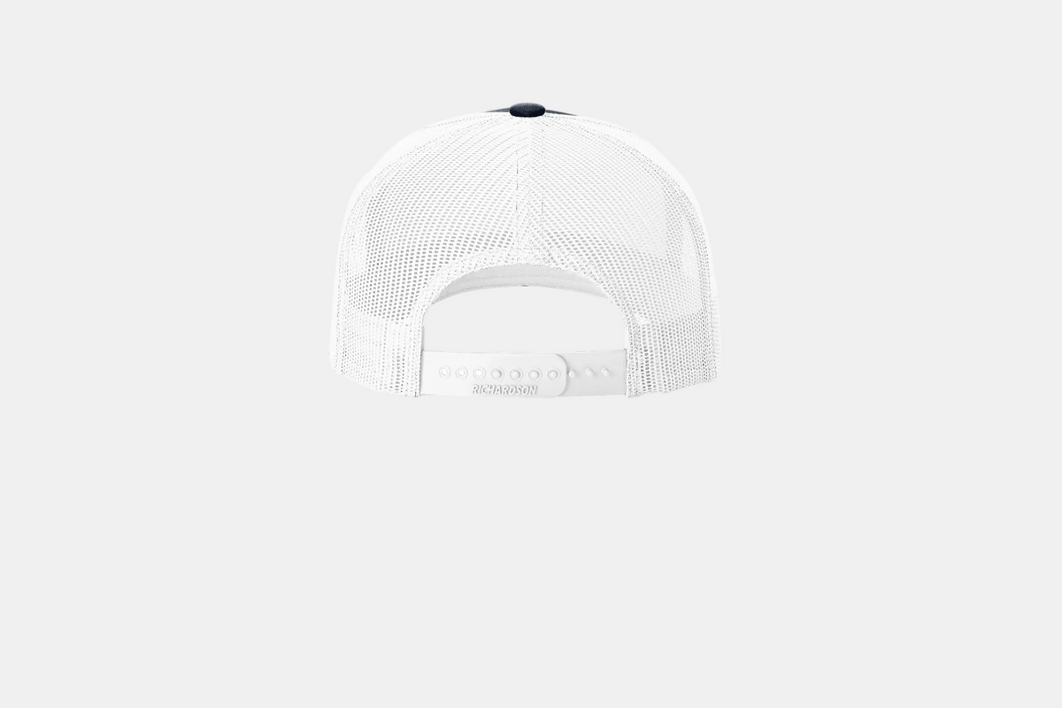 Custom Richardson 112FP five-panel trucker hat in Navy/White, back view