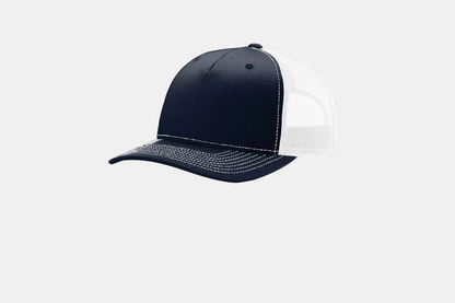 Custom Richardson 112FP five-panel trucker hat in Navy/White, detail view
