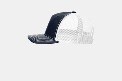Custom Richardson 112FP five-panel trucker hat in Navy/White, left-side view