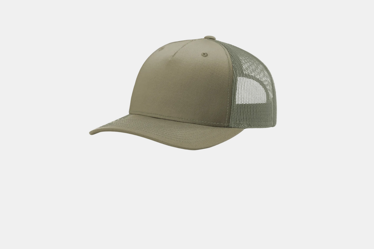 Custom Richardson 112FP five-panel trucker hat in Pale Khaki/Loden Green, detail view
