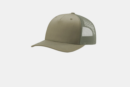 Custom Richardson 112FP five-panel trucker hat in Pale Khaki/Loden Green, detail view