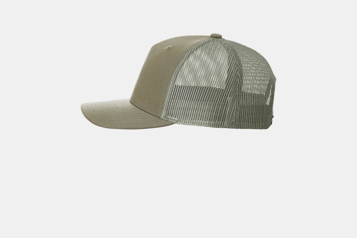 Custom Richardson 112FP five-panel trucker hat in Khaki, left-side view