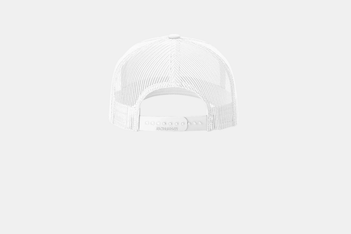 Custom Richardson 112FP five-panel trucker hat in White, back view