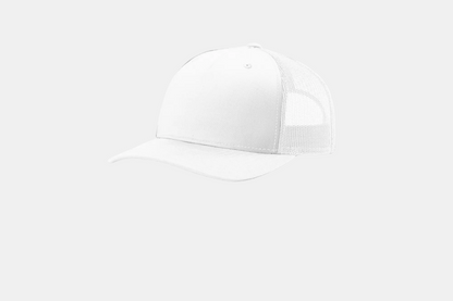 Custom Richardson 112FP five-panel trucker hat in White, detail view