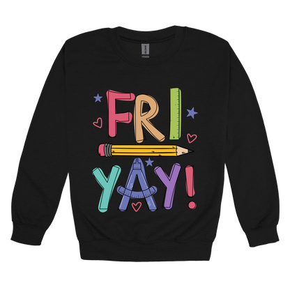 Fri-Yay design shown on Black adult Gildan crewneck sweatshirt.