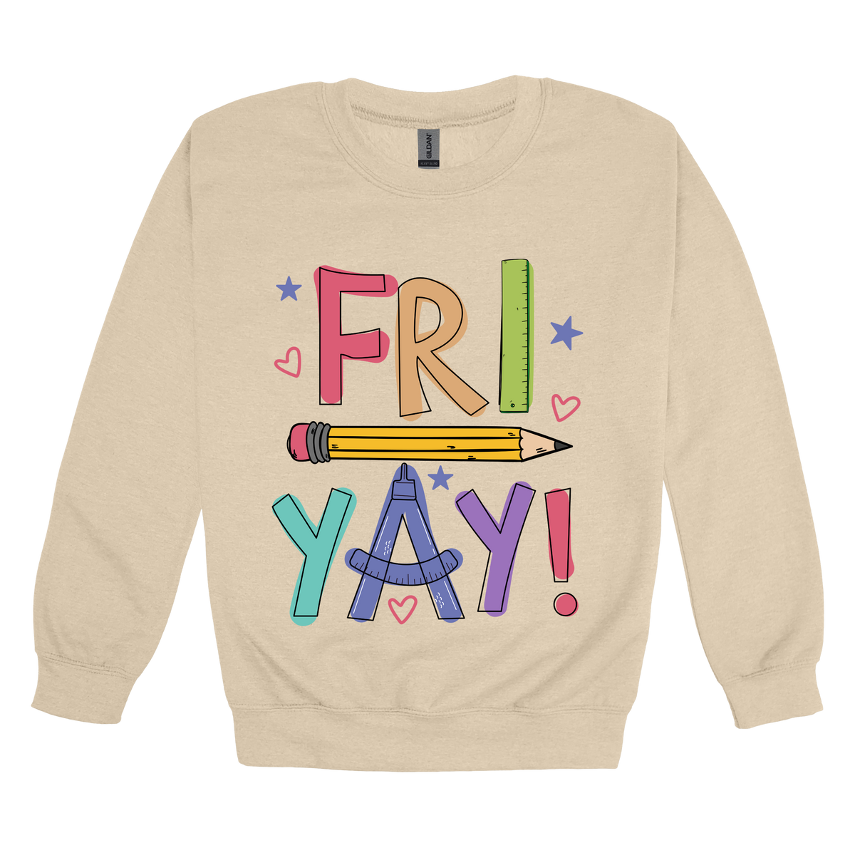 Fri-Yay design shown on Sand adult Gildan crewneck sweatshirt.