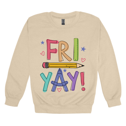 Fri-Yay design shown on Sand adult Gildan crewneck sweatshirt.