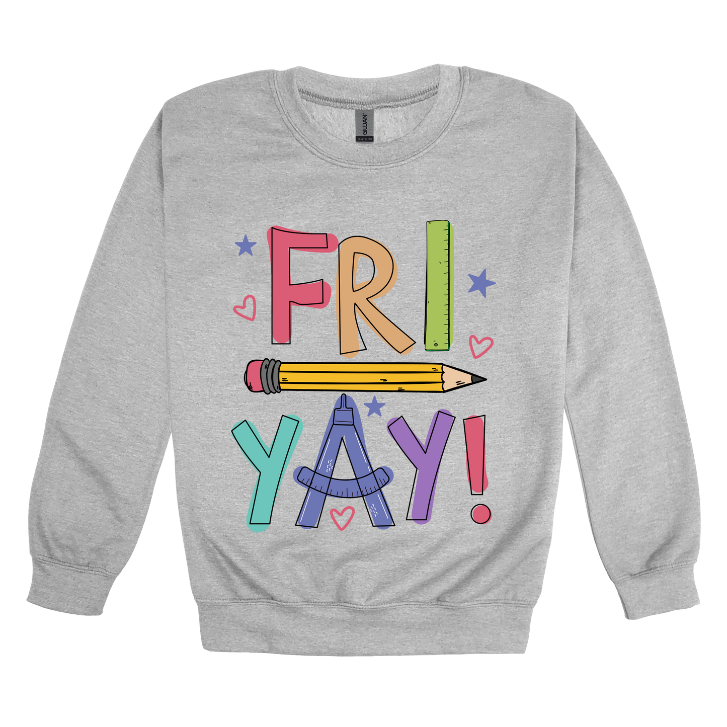 Fri-Yay design shown on Sport Gray adult Gildan crewneck sweatshirt.