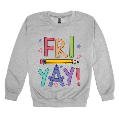 Fri-Yay design shown on Sport Gray adult Gildan crewneck sweatshirt.