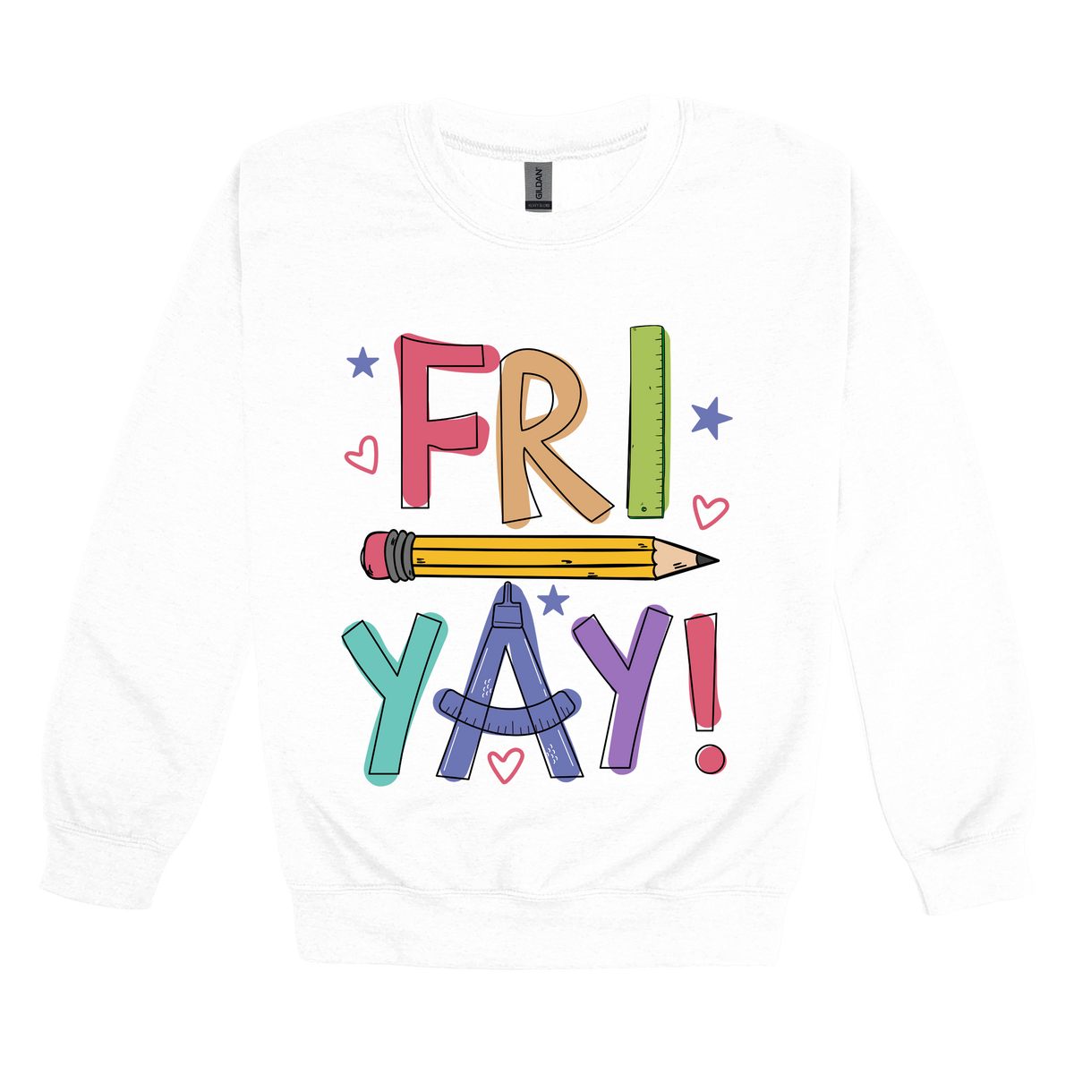 Fri-Yay design shown on White adult Gildan crewneck sweatshirt.