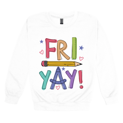 Fri-Yay design shown on White adult Gildan crewneck sweatshirt.