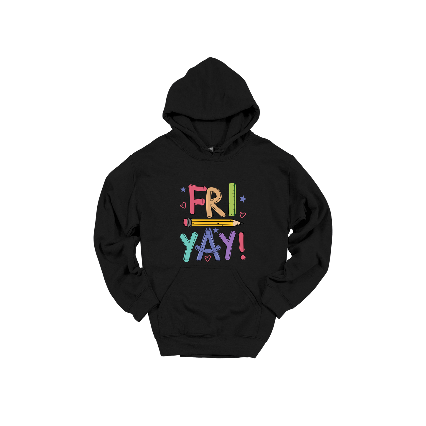 Fri-Yay design shown on Black adult Gildan hoodie.