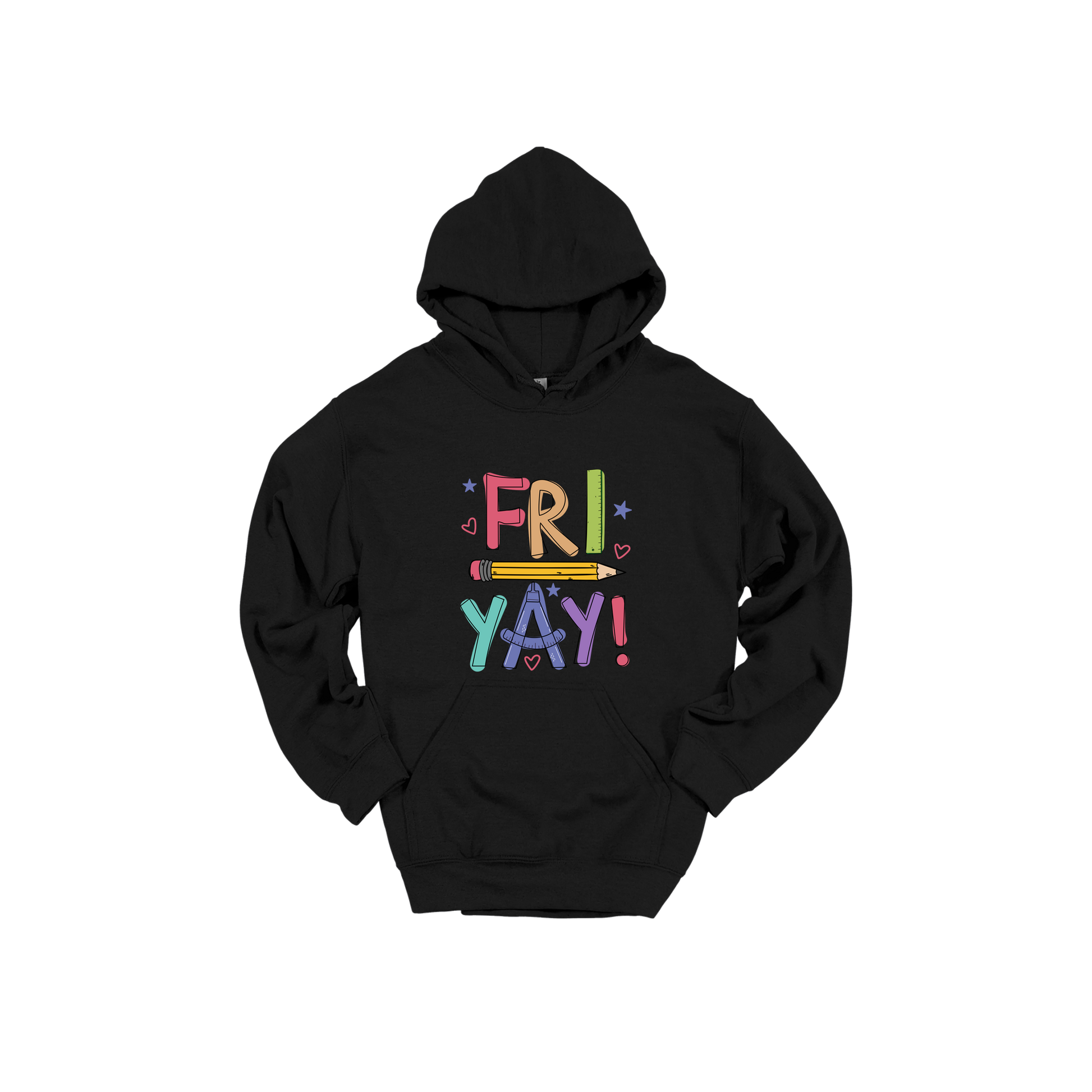 Fri-Yay design shown on Black adult Gildan hoodie.