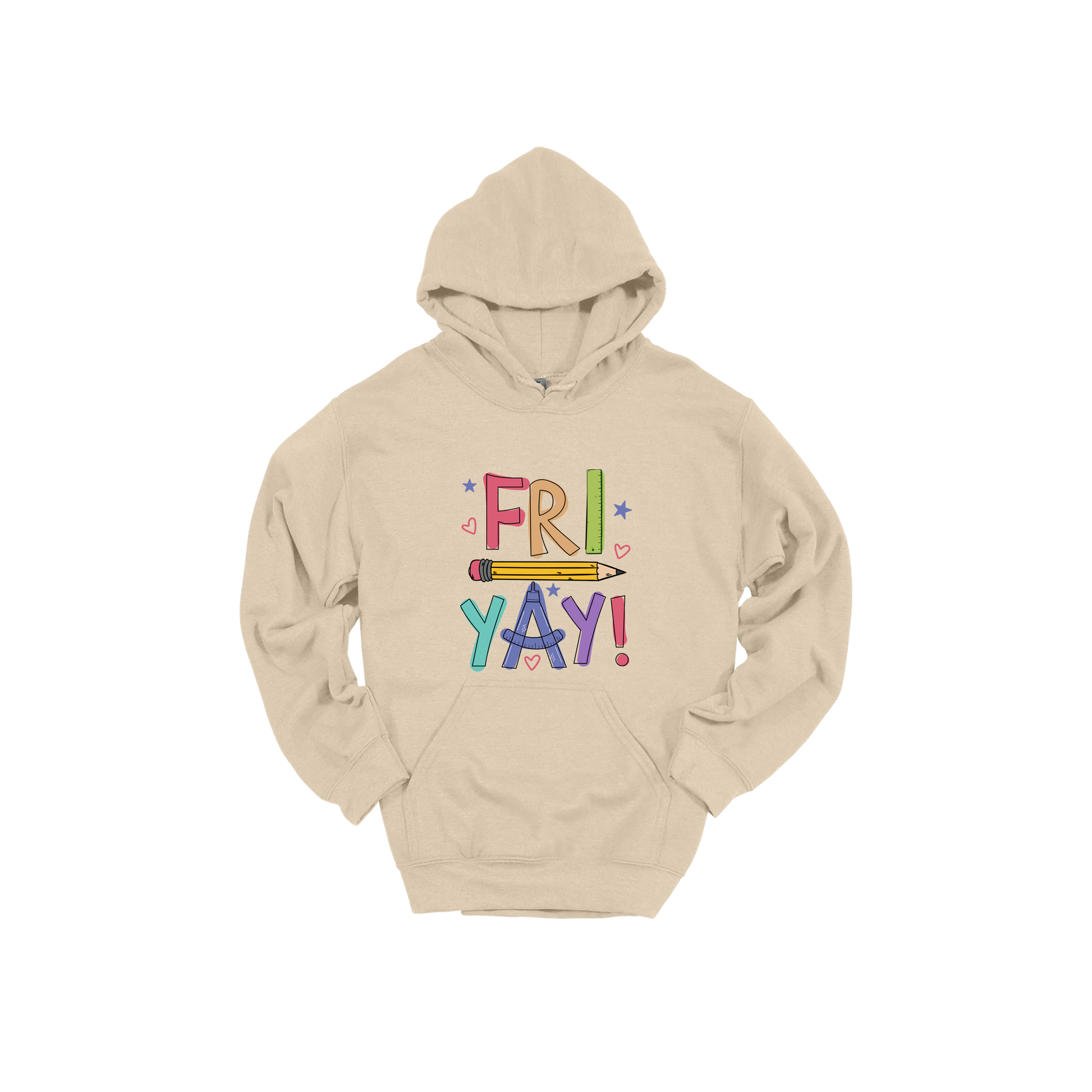 Fri-Yay design shown on Sand adult Gildan hoodie.