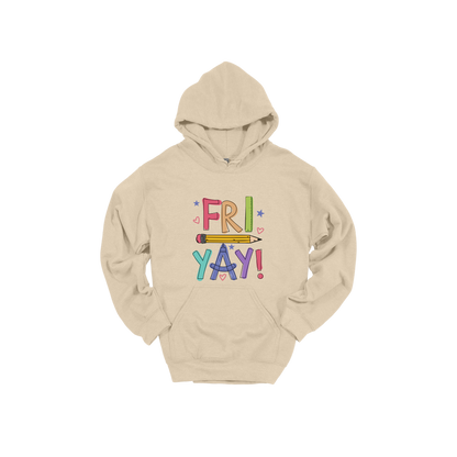 Fri-Yay design shown on Sand adult Gildan hoodie.