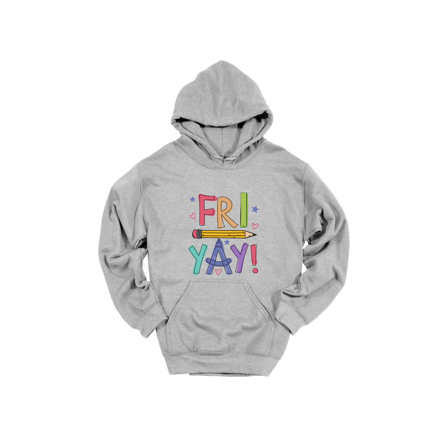 Fri-Yay design shown on Sport Gray adult Gildan hoodie.
