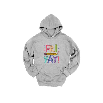 Fri-Yay design shown on Sport Gray adult Gildan hoodie.