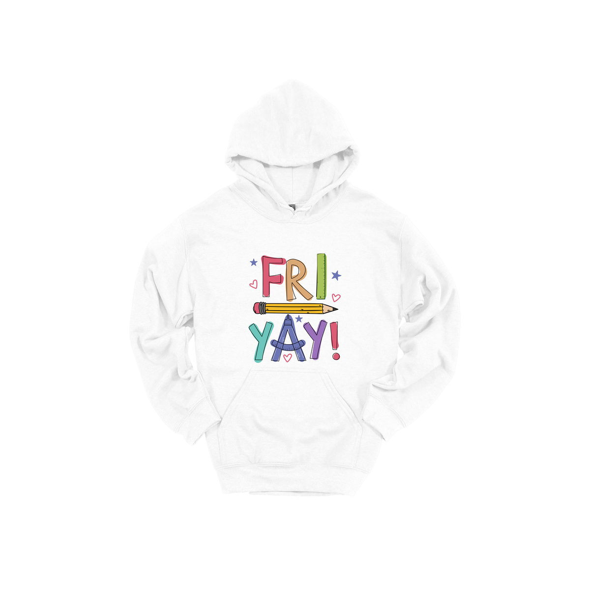 Fri-Yay design shown on White adult Gildan hoodie.