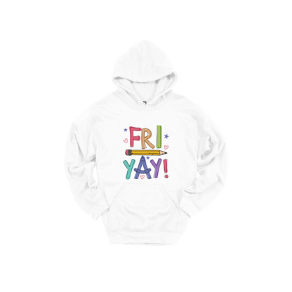 Fri-Yay design shown on White adult Gildan hoodie.