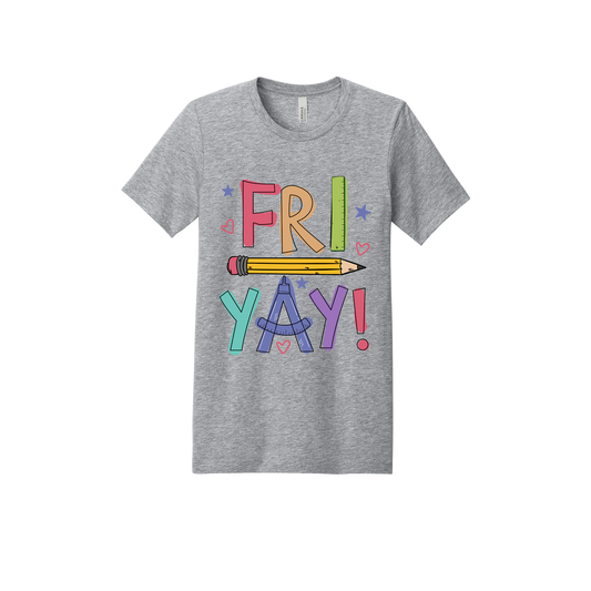 Fri-Yay design shown on Heather Athletic Gray adult Bella+Canvas 3001 T-shirt.