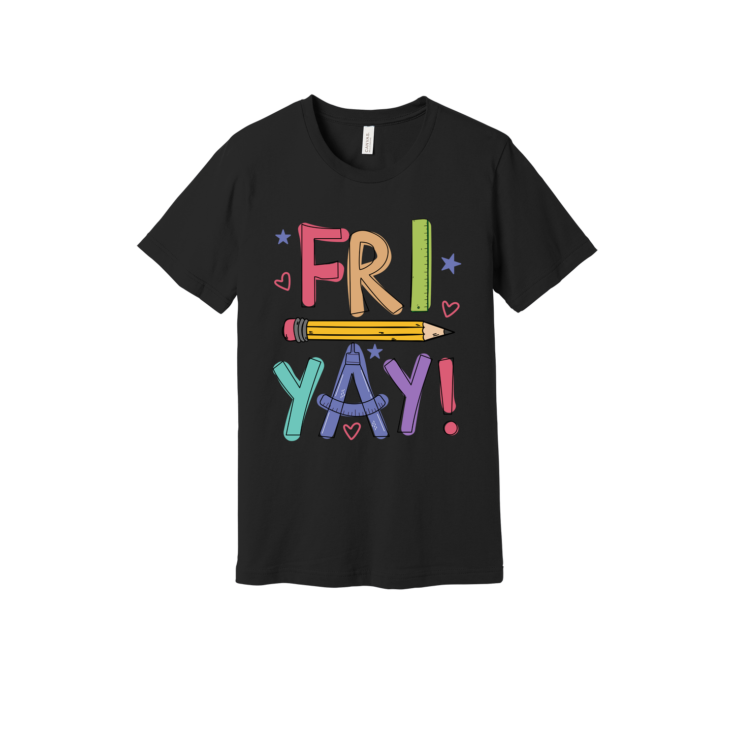 Fri-Yay design shown on Black adult Bella+Canvas 3001 T-shirt.