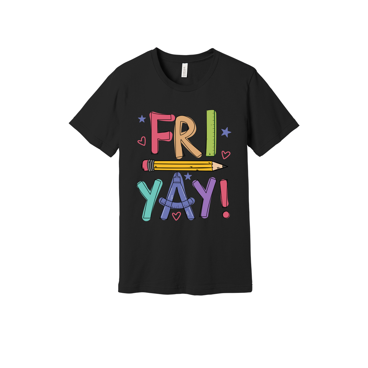 Fri-Yay design shown on Black adult Bella+Canvas 3001 T-shirt.