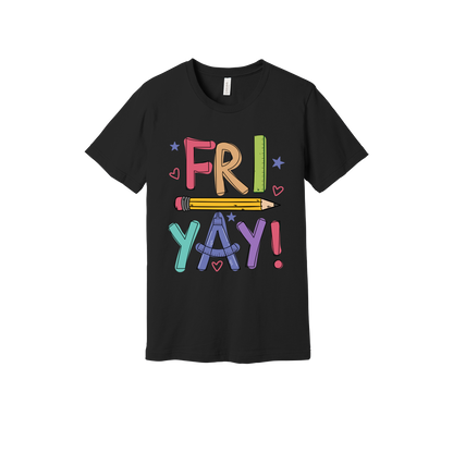 Fri-Yay design shown on Black adult Bella+Canvas 3001 T-shirt.