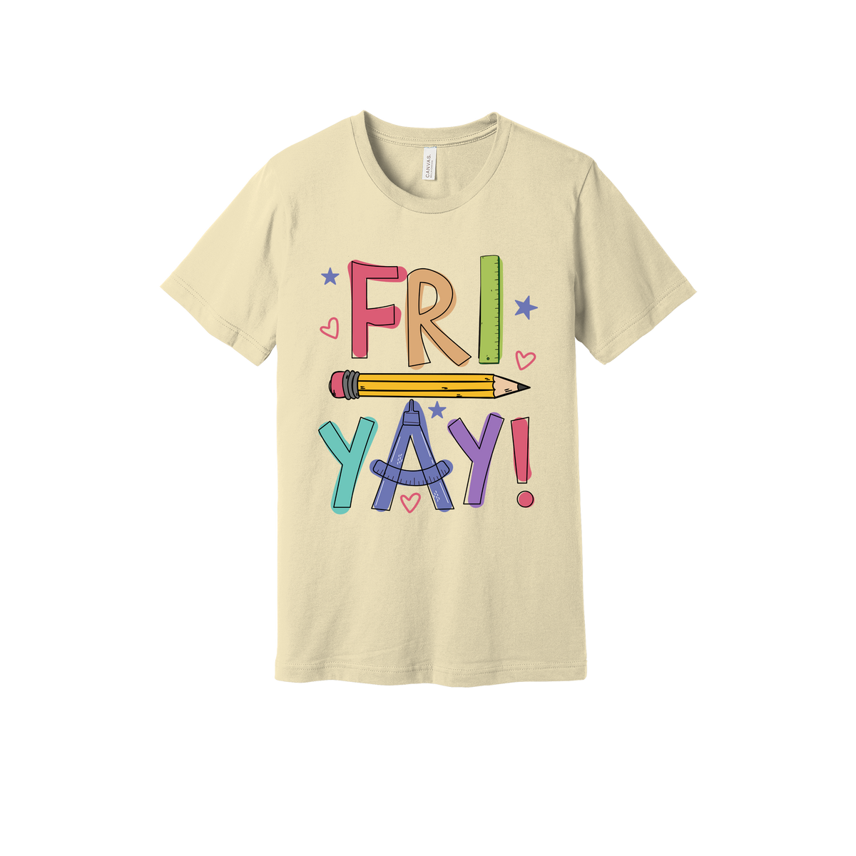 Fri-Yay design shown on Natural adult Bella+Canvas 3001 T-shirt.
