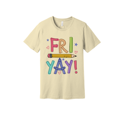 Fri-Yay design shown on Natural adult Bella+Canvas 3001 T-shirt.