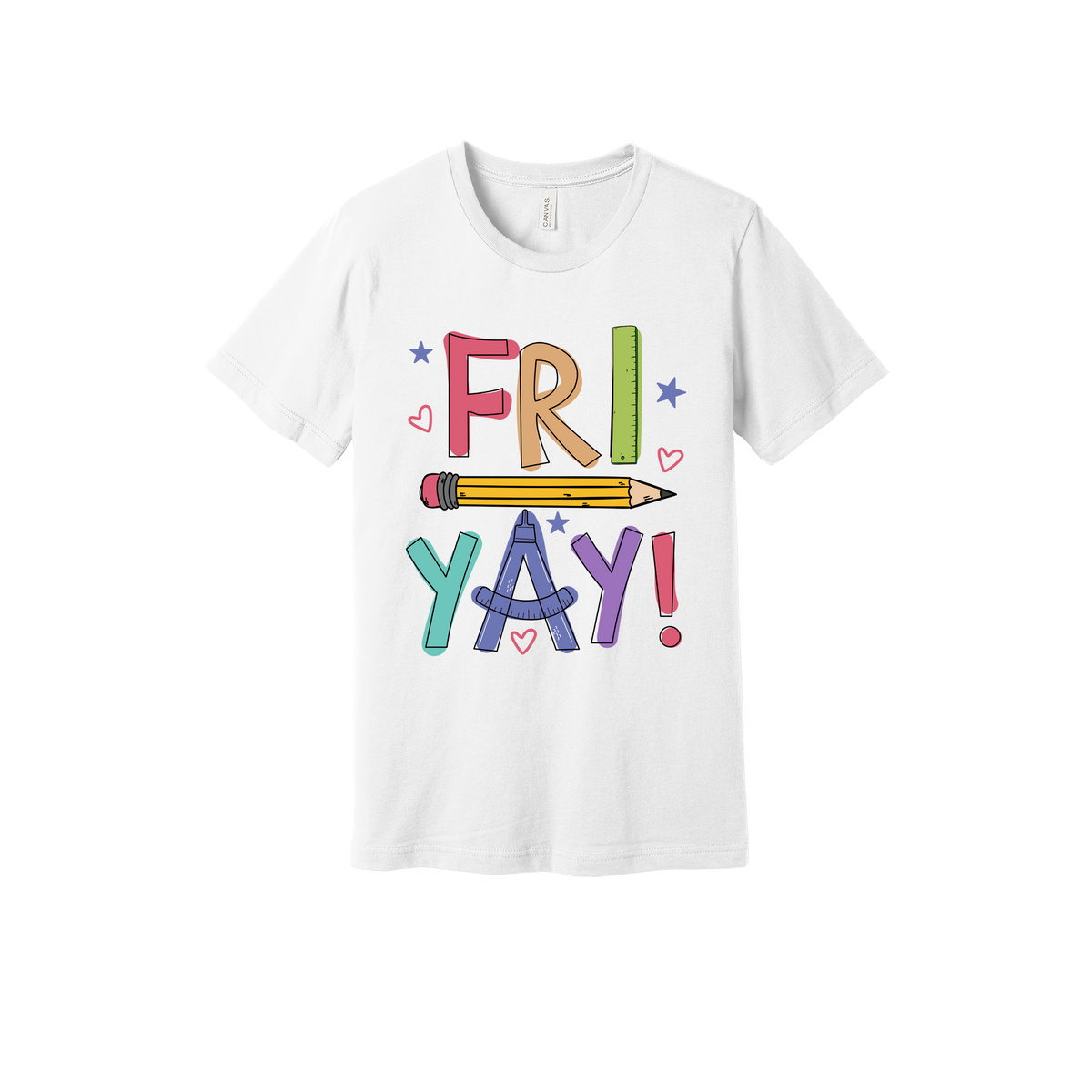 Fri-Yay design shown on White adult Bella+Canvas 3001 T-shirt.