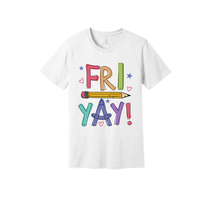 Fri-Yay design shown on White adult Bella+Canvas 3001 T-shirt.