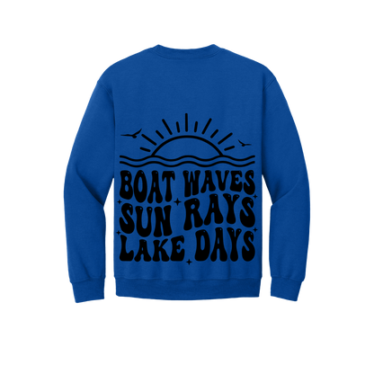 Lake Days Front & Back design on a Royal Blue adult crewneck sweatshirt, back view.