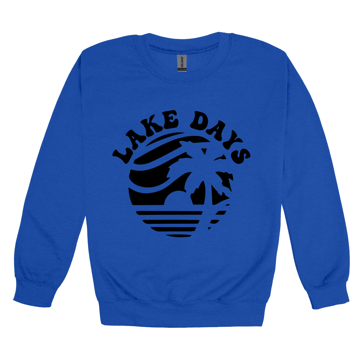 Lake Days Front & Back design on a Royal Blue adult crewneck sweatshirt, front view.