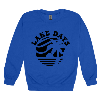 Lake Days Front & Back design on a Royal Blue adult crewneck sweatshirt, front view.