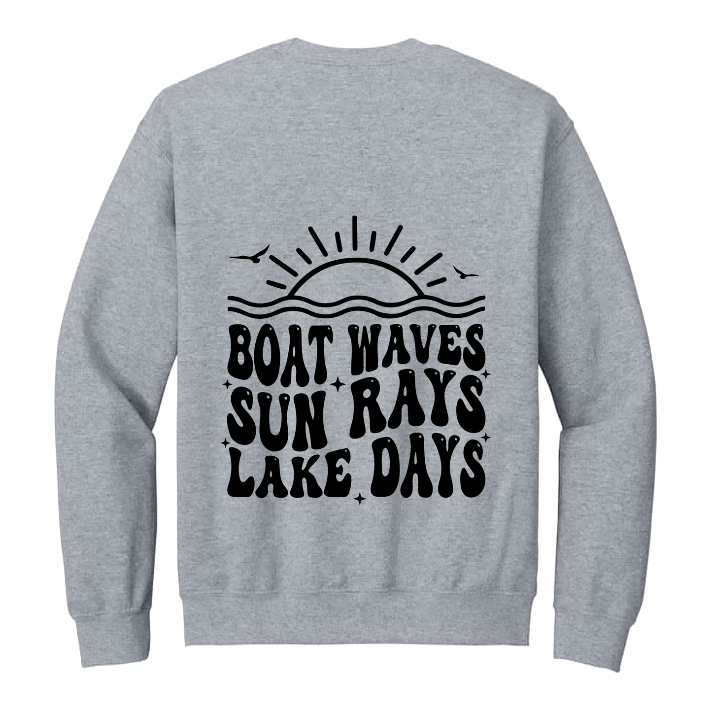 Lake Days Front & Back design on a Sport Gray adult crewneck sweatshirt, back view.
