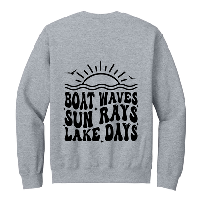 Lake Days Front & Back design on a Sport Gray adult crewneck sweatshirt, back view.