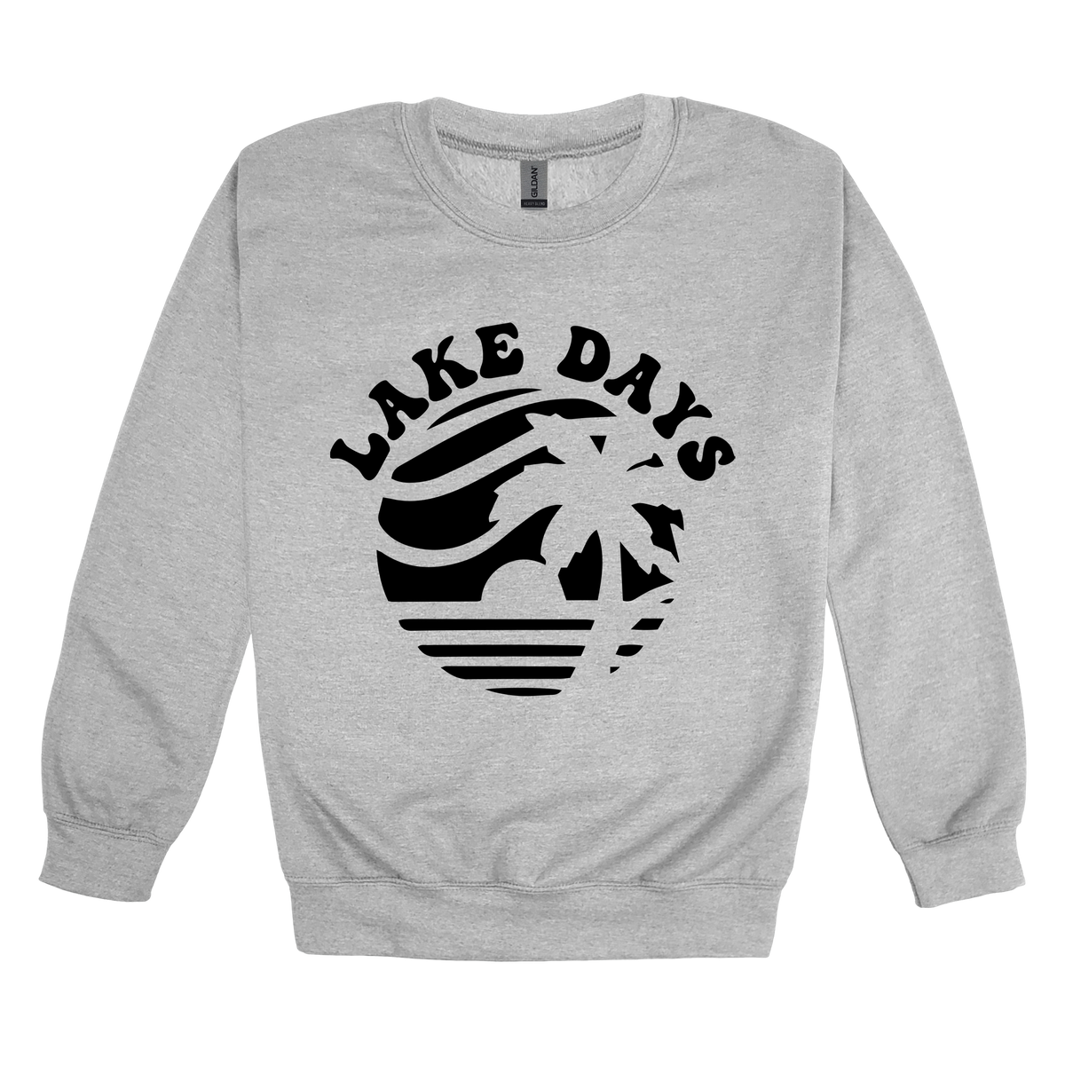 Lake Days Front & Back design on a Sport Gray adult crewneck sweatshirt, front view.
